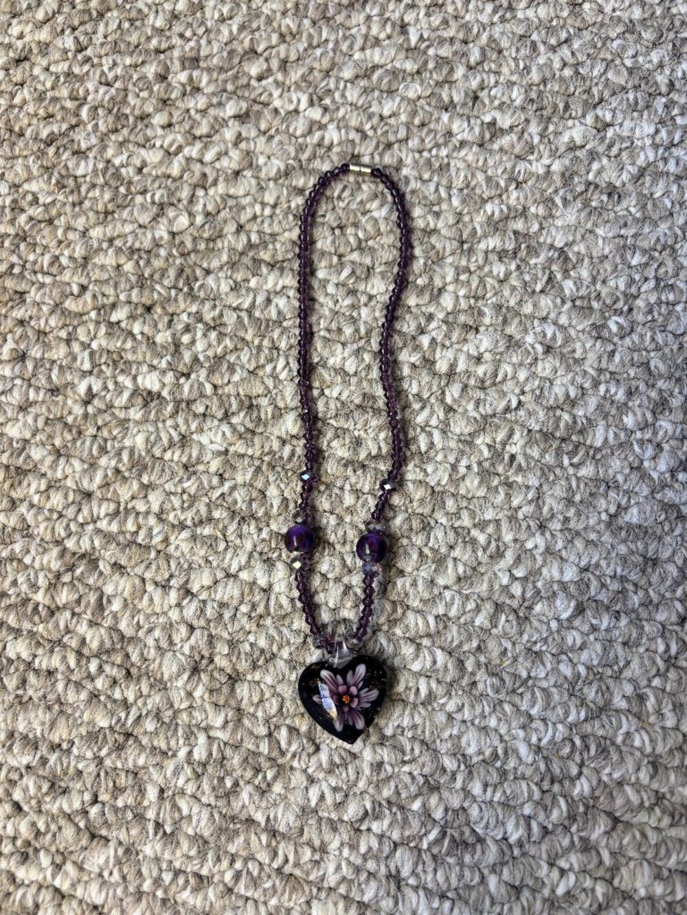 Purple Floral Glass Heart Pendant Necklace